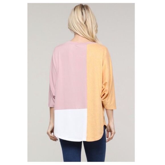 Color Block 3/4 Length Sleeve Scoop Neck Top | Pink / Peach / White - Picture 3 of 6